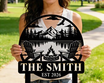 Custom Metal Campfire Sign, Personalized Camping Name Sign with Stakes,Outdoor Life Lovers Gifts,Fire Pit Sign,Cabin Sign,Campsite Farmhouse