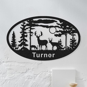 Benutzerdefinierte ovale Hirsch Metall Kabine Zeichen, personalisierte Hirsch jagen im Freien hängen, Hirsch Jäger Geschenke, Familien Name Zeichen, Hirsch Monogramm Cabin Decor