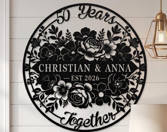 Custom 50th Golden Wedding Anniversary Gifts for Him Her Mum Dad, Personalised Flower Metal Sign, 10 25 Years Together, Any Year Family Name