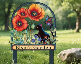 Personalised Garden Sign, Customisable Flower Cat Yard Stake Metal Art, Custom Garden Decor, Christmas Gifts for Gardeners Grandma Mom NaNa
