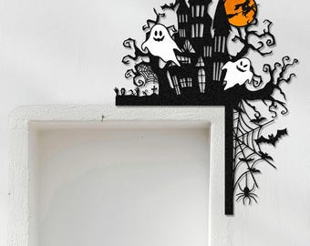 Halloween Door Corner Sign: Haunted House Silhouette, Bats & Ghosts
