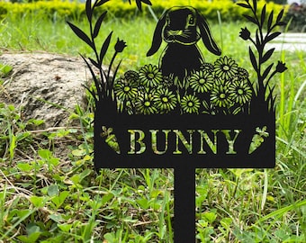 Custom Rabbit Metal Memorial Garden Decor, Personalised Rabbit with Stake Garden Sign, Bunny Memorial Grave Marker,Yard Stake,Outdoor Rabbit