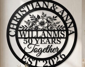 Custom Metal Monogram with Flower, Personalised Golden Wedding Anniversary Gifs, Family Name Initial Sign, Last Name Sign, Housewarming Gift
