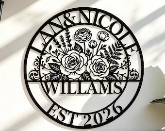 Personalised Metal Name Signs, Custom Last Name Sign with Flowers, Last Name Sign, Family Name Sign, Anniversary Wedding Gifts, Housewarming