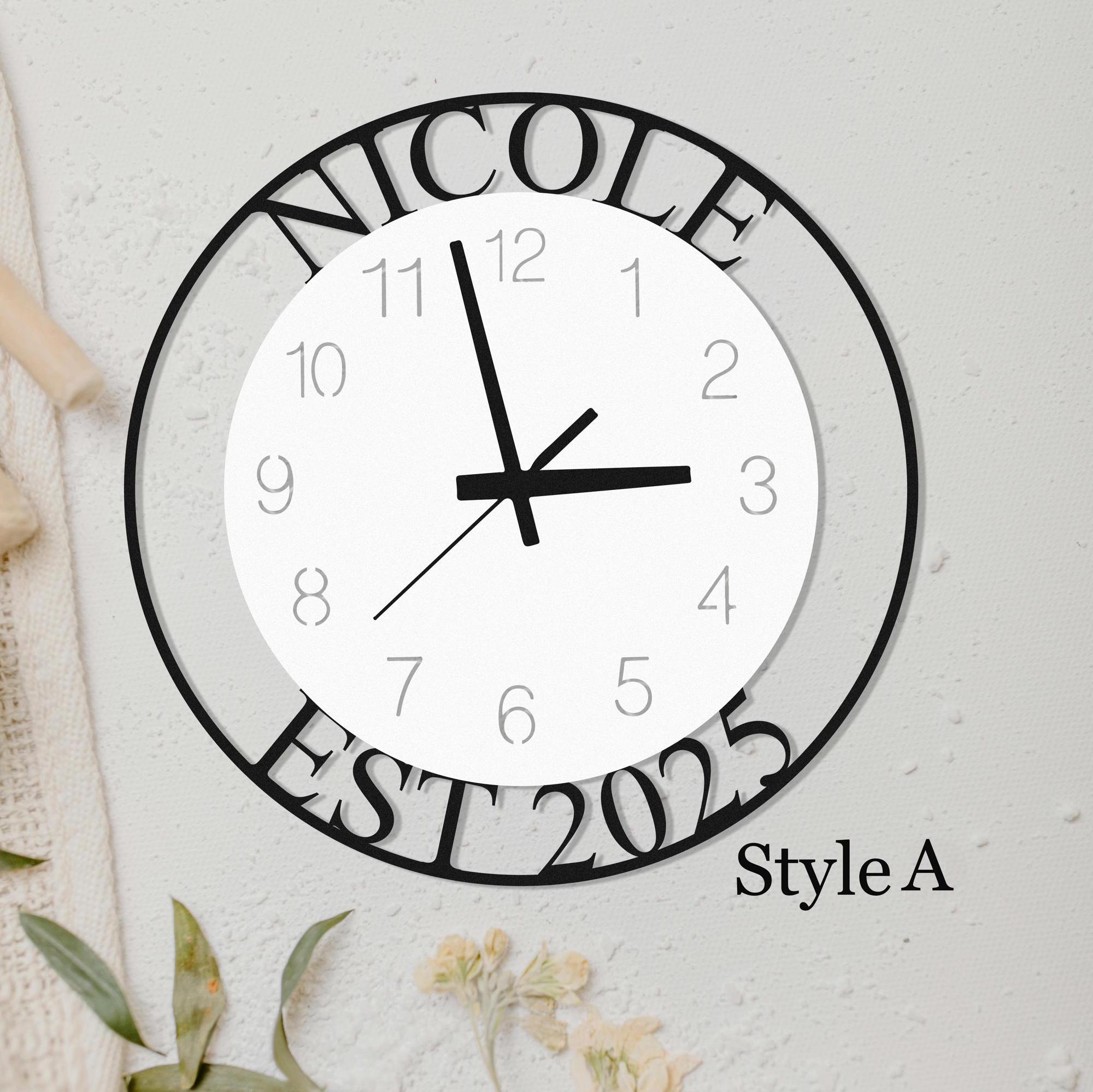 Custom Name and EST Metal Wall Clock, Personalised Last Name Clock, New ...