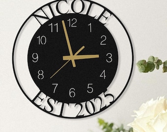 Custom Name and EST Metal Wall Clock, Personalised Last Name Clock, New Home Gifts, Family Gifts for Mom Dad, Oversize Silent Clock for Wall