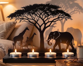 Animal Silhouettes Tealight Metal Candle Holders, Safari Reindeer Candlestick,Christmas Gifts Idea,Elephant Giraffe Pattern Iron Candlestick