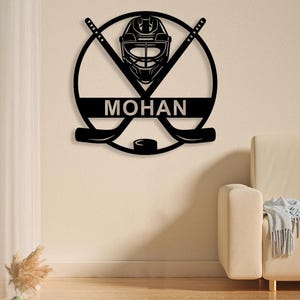 Plaque nominative hockey sur glace en métal personnalisée, oeuvre d&#39;art murale personnalisée avec bâtons de joueur avec LED, cadeaux hockey pour enfant garçon fille, décoration murale hockey, plaque de porte