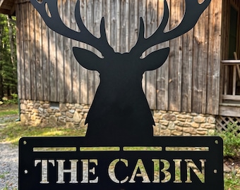 Plaque métallique personnalisée avec motif cerf pour chalet, décoration murale personnalisée pour maison de chasse, plaque avec nom de famille, monogramme avec initiale du nom de famille, décoration pour chalet de chasseur