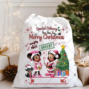 Könnte beinhalten: Weißer Weihnachtsgeschenksack mit Kordelzug. Der Sack zeigt Mickey und Minnie Mouse in Weihnachtsmann-Outfits, einen Weihnachtsbaum und den Text "Special Delivery Merry Christmas". Mit roten und grünen Akzenten.