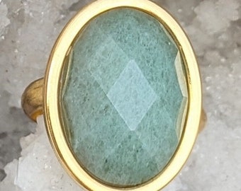 Bague aventurine verte, pierre naturelle, acier inoxydable, bague ajustable, bijoux bohème, création fait main, bijoux porte bonheur, cadeau