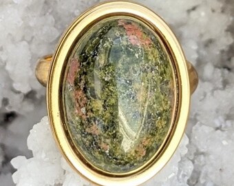 Bague pierre naturelle unakite, bague ajustable, acier inoxydable, bijoux bohème, création artisanale, cadeau fête des mères, lithothérapie