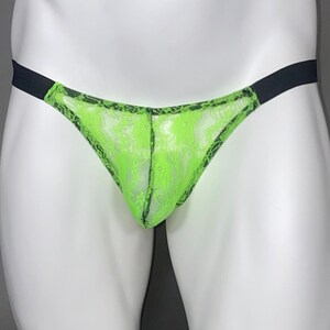Men&#39;s Jockstrap Neon Green See-Thru Stretch Floral Lace Fabric