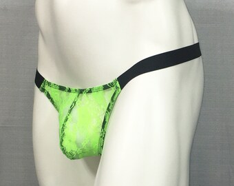 T-Back Thong for Neon Green Raschel Stretch Lace See-Thru