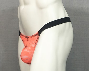 T-Back Thong for Neon Orange Raschel Stretch Lace See-Thru