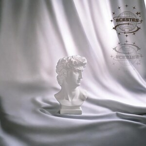 May include: A white bust of David, a classical sculpture, is set against a backdrop of draped, flowing fabric. The bust features detailed curly hair and a defined profile. The background includes a logo with the word "ACESTES".