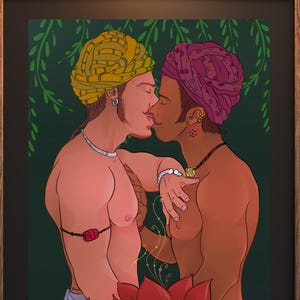 Il Bacio - Stampa artistica di coppia gay indiana / Arte murale LGBTQ / Poster di amore gay interrazziale / Opera d'arte di Lotus Pond / Decorazione perfetta per bar gay
