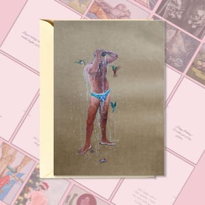Uomini gay che fanno la doccia circondati da colibrì / LGBTQ Stampabile Magical Shower – Fai da te 5x7 Biglietto di auguri su A4/US Letter, Download digitale