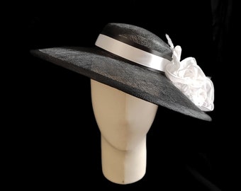 Women's hat - Clarisse - Black sisal capeline - Wedding, ceremony, baptism, spring, summer.