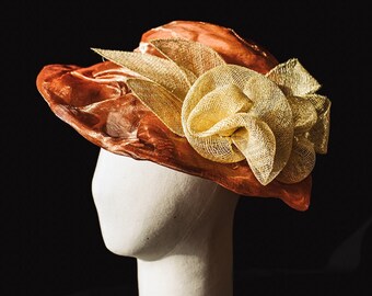 Hat for women - Pauline - hat in coral organza, silk and natural sisal flowers - Wedding, ceremony, baptism, spring, summer.