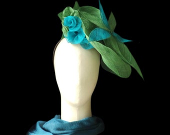 Coiffe pour femme - Séverine - serre-tête en sisal vert émeraude et turquoise - Mariage, cérémonie, baptême, printemps, été.