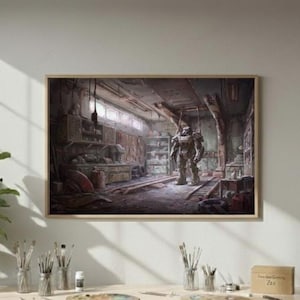 May include: A framed print of a science fiction scene depicting a futuristic armored figure in a workshop setting. The artwork is in a wooden frame and is displayed on a light-colored wall. The scene is dark with a focus on the armored figure.