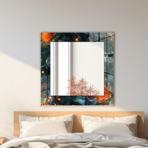 Mirror Wall Decor for Bedroom, Wall Decor for Entryway, Square Bathroom Mirror, Tempered Glass Decor for Living Room, Floral Art Decor