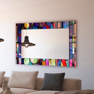 Mirror on Tempered Glass with Multiple Shape Options - Colorful Stained Theme Mirror Wall Decor for Living Room, Bathroom, Office, Church