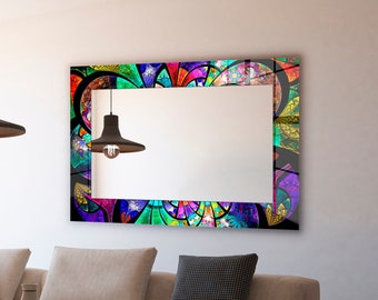 Colorful Abstract Tempered Glass Rectangular Wall Mirror: Decorative Living Room Mirror