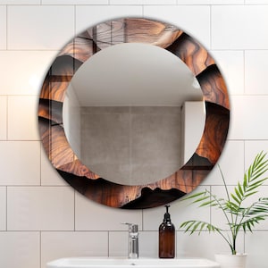 Curvy Wood Theme Mirror Wall Decor for Bathroom, Glass Wall Decor for Entryway, Living Room Mirror Decor, Tempered Glass Mirror Wall Decor