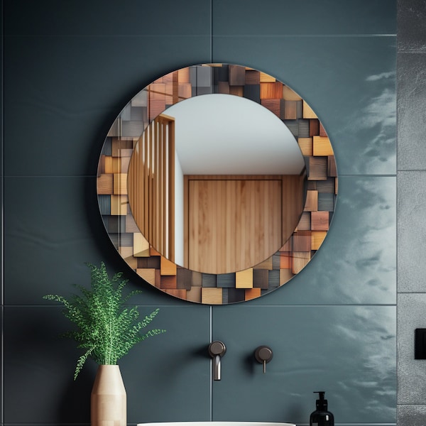 Wood Theme Tempered Glass Round Wall Mirror: Modern Bathroom Vanity Decor for Over Sink