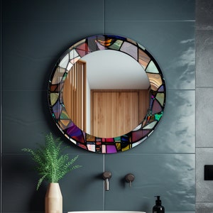 Stained Effect Tempered Glass Round Wall Mirror: Modern Bathroom Wall Decor for Vanities