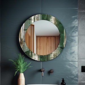 Dark Green Wood Theme Tempered Glass Round Wall Mirror: Decorative Bathroom Mirror