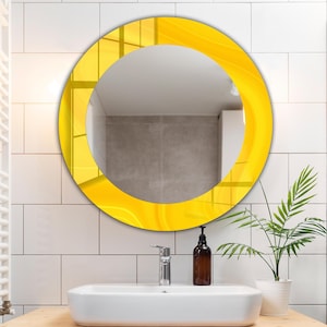 Yellow Abstract Tempered Glass Round Wall Mirror: Modern Bathroom Decor  for Over Sink
