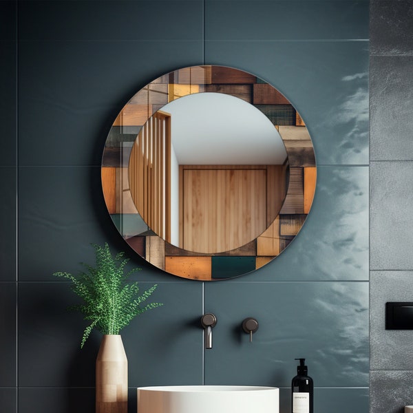 Round Mirror Wall Decor for Bathroom, Glass Wall Decor for Entryway, Living Room Mirror Decor, Tempered Glass Decor, Wood Theme Art