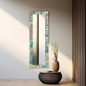 Long  Mirror Wall Decor for Entryway, Glass Mirror Decor for Bathroom, Mirror for Living Room w/ Abstract Design, Round Mirror Wall Hanging