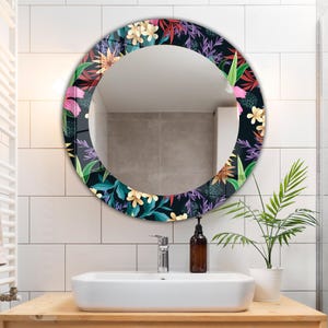 Elegant Tempered Glass Mirror Wall Decor for Bathroom & Entryway - Round Decorative Mirrors for Contemporary Homes - Floral Mirror Decor