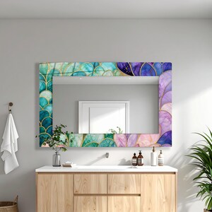 Extra Large Colorful Abstract Tempered Glass Rectangular Wall Mirror: Modern Bathroom Vanity Mirror