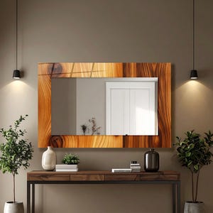 May include: A rectangular wall mirror featuring a wide, polished wooden frame with a prominent natural grain pattern. The mirror reflects a white door and a small decorative plant, while the frame displays rich brown and amber wood tones.