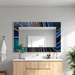 Extra Large Blue Abstract Tempered Glass Rectangular Wall Mirror: Modern Entryway Mirror