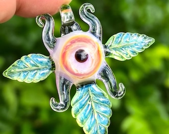 Handmade Glass Eye Leaf Pendant, Colorful Art Necklace, Wearable Nature Jewelry, Unique Halloween Gift for Art & Nature Lovers
