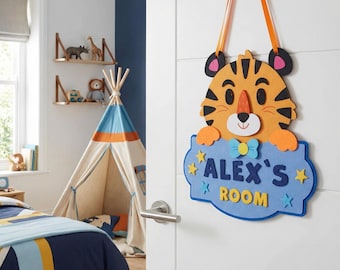 Custom Kids Room Door Sign, Safari Animals Nursery Decor, Door Sign for Boys Room, Tiger Door Sign for Kids, Jungle Theme Nursery Decor