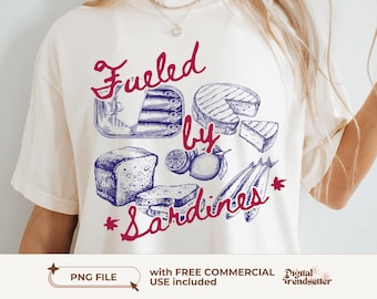 Retro Sardines PNG Shirt Design Girly Fisherman Illustration for Sublimation Foodie Graphic Digital Download
