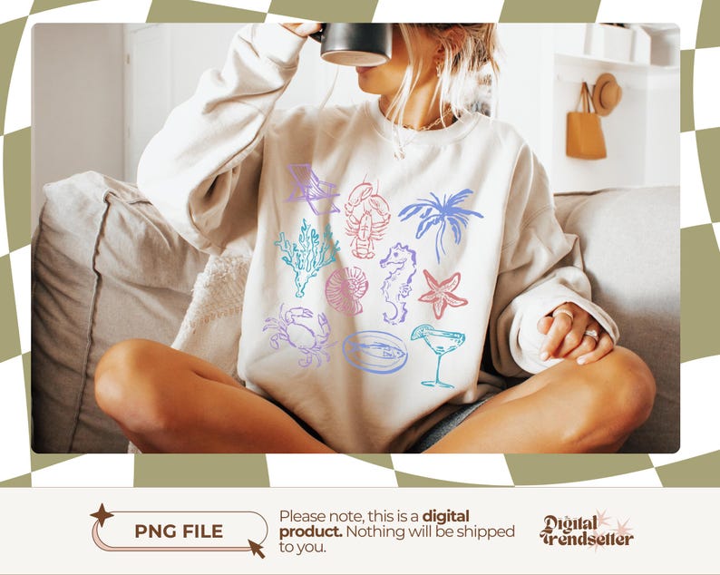 Vintage seaside shirt PNG Retro pastel beach club tee Trendy sea life sublimation design for summer fashion and ocean-inspired outfits