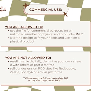 May include: A graphic with a green and white checkered background. The text "COMMERCIAL USE" is in a brown rectangle with a white star. The text "YOU ARE ALLOWED TO" and "YOU ARE NOT ALLOWED TO" are in brown rectangles with white text. The text lists the commercial use and restrictions for the digital file.