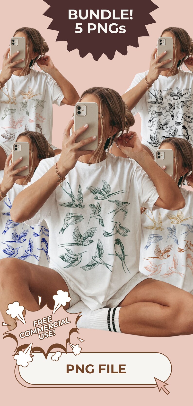 May include: White t-shirts with various bird illustrations in blue, green, and peach. The image includes the text "BUNDLE! 5 PNGS" and "FREE COMMERCIAL USE!" and "PNG FILE".