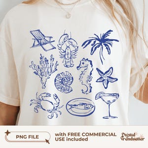 Trendy retro beach club tee PNG Vintage coastal sea life shirt Summer ocean aesthetic sublimation for a stylish and beachy look