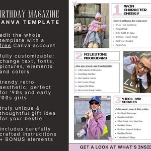 Personalized Birthday Magazine Canva Template styled like a fashion magazine cover, best friend gift idea for milestone birthdays like 18th or 21st.