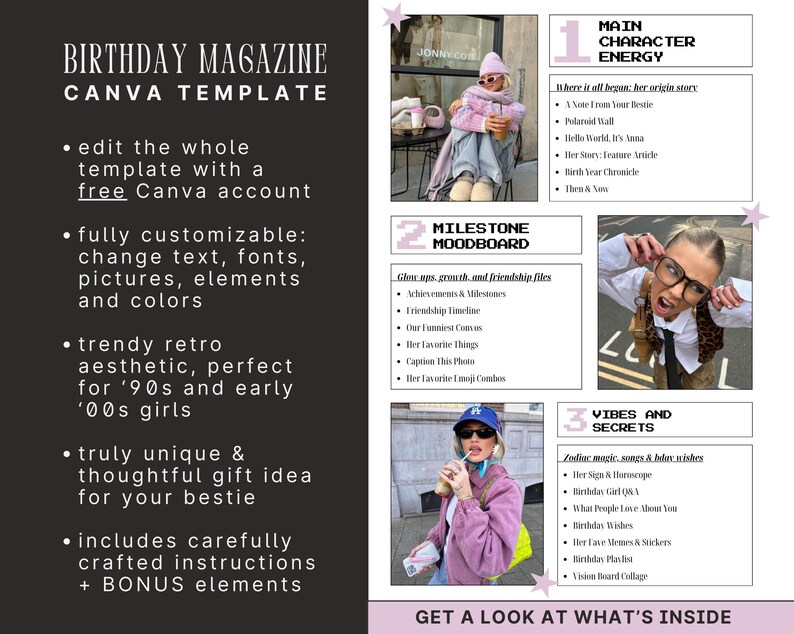 Personalized Birthday Magazine Canva Template styled like a fashion magazine cover, best friend gift idea for milestone birthdays like 18th or 21st.