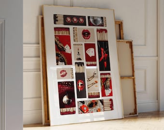 Impresión de caja de cerillas retro, impresión artística de caja de cerillas de moda, póster de cerillas vintage, decoración de bola de discoteca retro, impresión de caja de cerillas roja preppy, arte de carrito de bar retro
